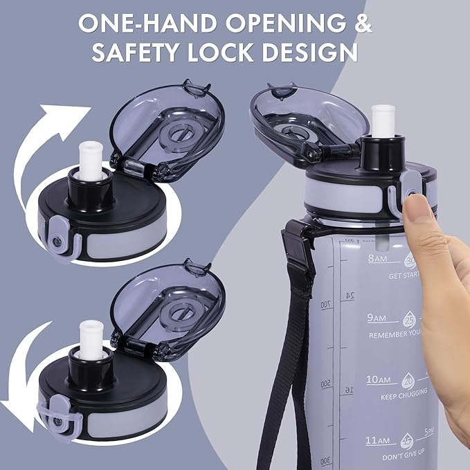 32 oz Water Bottle with Detachable Straw, Clear Motivational Water Bottles with Time to Drink, Tritan & BPA Free Sports Water Jug with Time Marker, Upgraded handle design