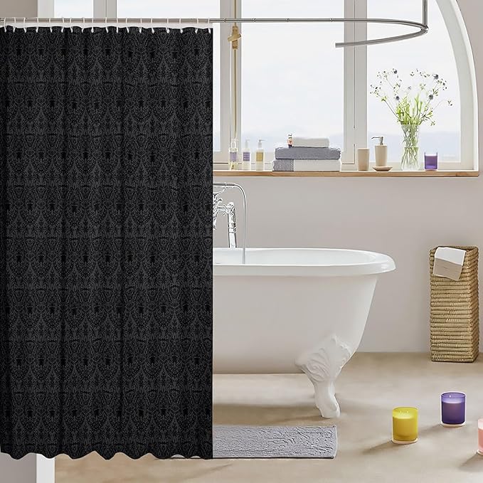 Feelyou Damask Pattern Shower Curtain 72"x72" Kids Black Vintage Floral Bathroom Shower Curtain Set for Boys Girls Teens Antique Victorian Baroque Bath Curtain Baroque Style Bathroom Accessories