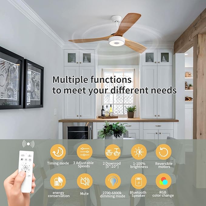 52 Inch Wood Ceiling Fan with RGB Dimming LED Light,with Music Bluetooth Speaker,Remote Control,3-Speed Regulation, Reversible Motor,Timing,for Living Room,Bedroom,Restaurant,Outdoor