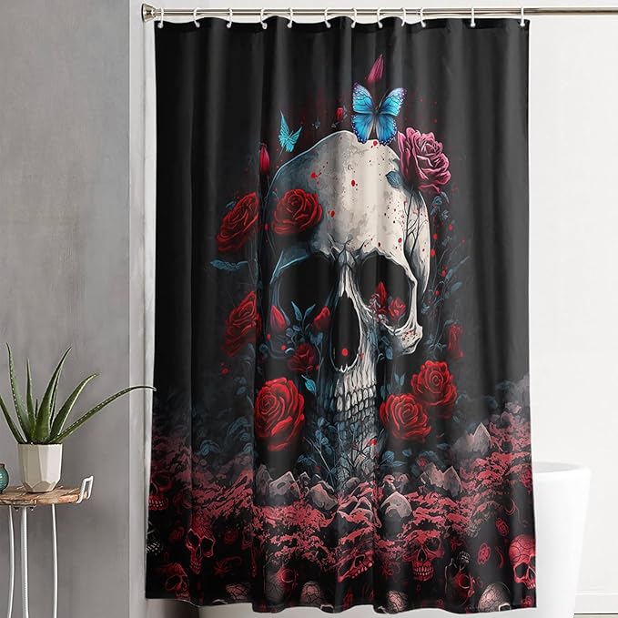 AILONEN 3D Skull Shower Curtain,Oil Ren Rose with Ruins Skull Skeleton Design Shower Curtain Set for Boys Girls Teens,Gothic Skull Waterproof Fabric Shower Curtain for Bathroom,72" W*84" H