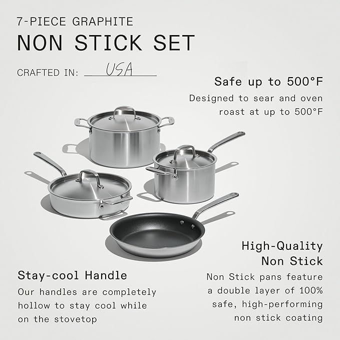 Made In Cookware - 7 Piece Non Stick Pot and Pan Set (Graphite) - 5 Ply Stainless Clad - Includes Stock Pot, Saute Pan, Saucepan, and Frying Pan - Professional Cookware - Crafted in Italy