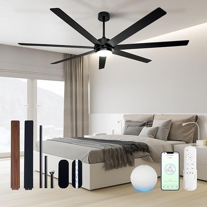 72" Wood Black Smart Ceiling Fan with Light and Remote via WIFI Alexa APP Control,6 Speed Quiet DC Motor,Dimmable LED Light,Indoor Outdoor Ceiling Fans for Patios or Bedroom