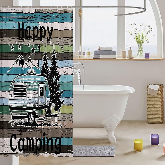 Feelyou Camper Shower Curtain Happy Camping Fabric Shower Curtain for Kids Boys Girls Wooden Rustic Style Bathroom Waterproof Accessories with 12 Hooks Rv Camping Curtains,72x78 Inches