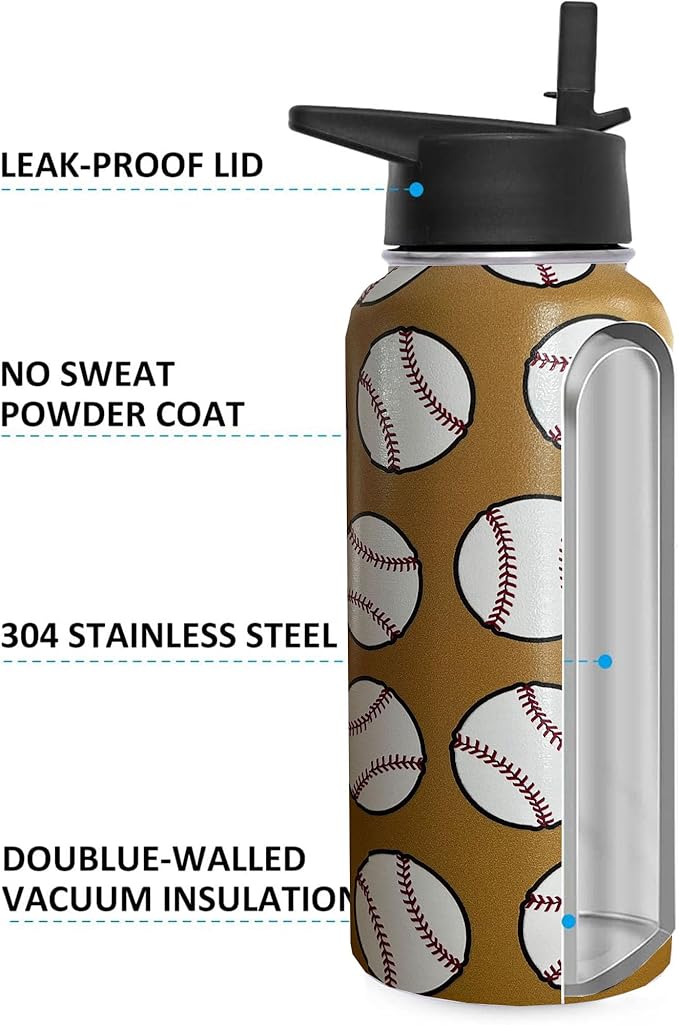 32 oz Baseball Water Bottle Insulated Vacuum Stainless Steel Sports Water Bottle with 2 Lids (Straw and Spout Lid) for Gym Camping Hiking