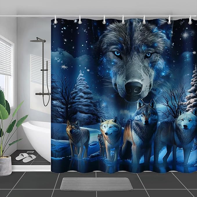 AILONEN 3D Howling Wolf Shower Curtain for Bathroo,Night Galaxy Starry Wolf Safari Animal Print Boys Teen Decor Bath Curtain 72" W*96" H Polyester Fabric Waterproof Bathroom Curtain with 12 Hooks