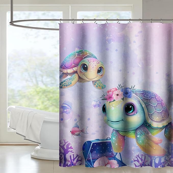 AILONEN Kawaii Sea Turtle Shower Curtain,Tie Die Ocean Animal Themed Bath Curtain Cloth Fabric Bathroom 48" W*72" H Inch,12 Pack Hooks for Kids,Sea Animal with Treasure Box Bathroom Curtain