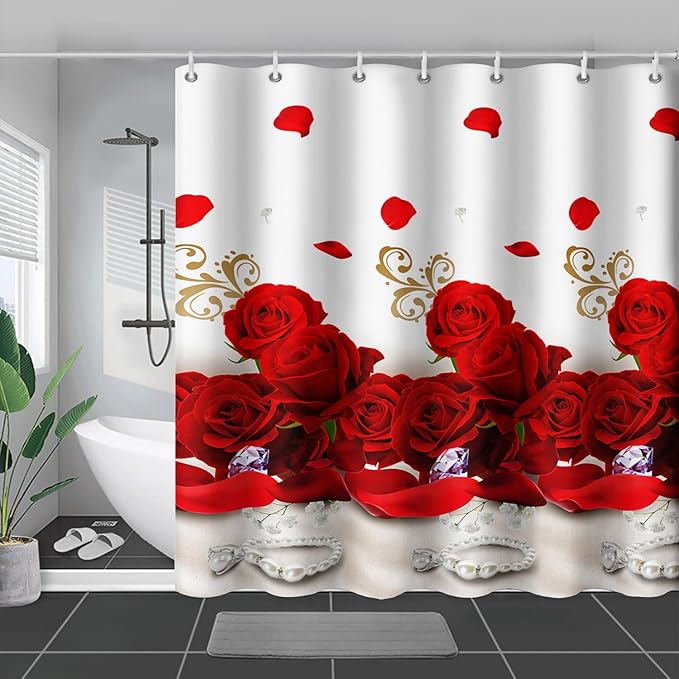 AILONEN Rose Flower Shower Curtain for Bathroom,Red Rose Bathroom Curtain for Girls Women,Romantic Flower Bath Curtain 72" W*78" H Polyester Waterproof Bathroom Curtain with 12 Hooks