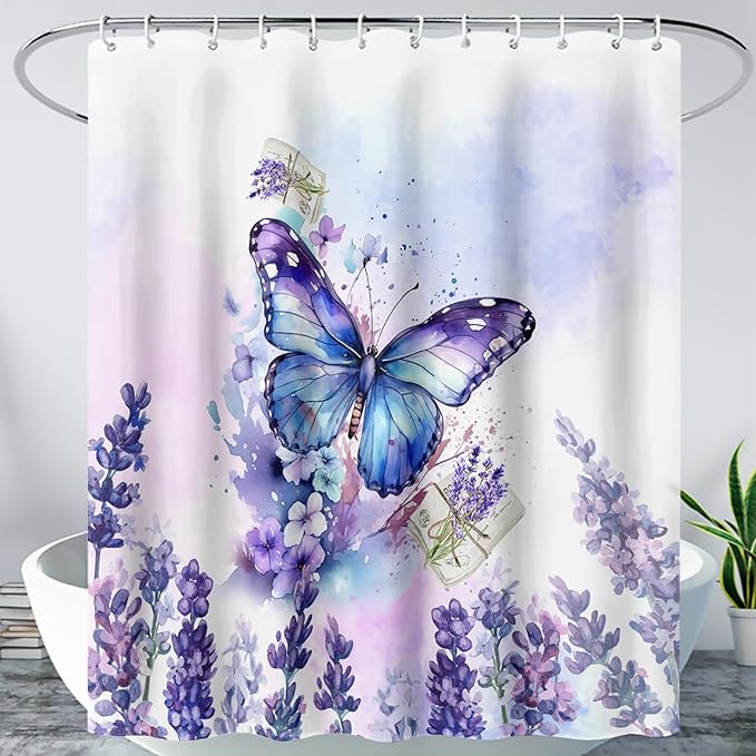 AILONEN Beautiful Butterfly Shower Curtain Bathroom 48" W*72" H Purple Butterfly Curtain Cloth Fabric Bathroom for Girls Kids,Deep Color Shower Curtain Set