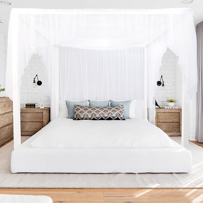 South to East White Canopy Bed Curtains, 4 Corner Post Bed Canopy, Top Elegant Bed Drapes for Bedroom Decor, 75D Polyester Mesh, Easy Install, Bed Curtain for King/Queen/Full Size