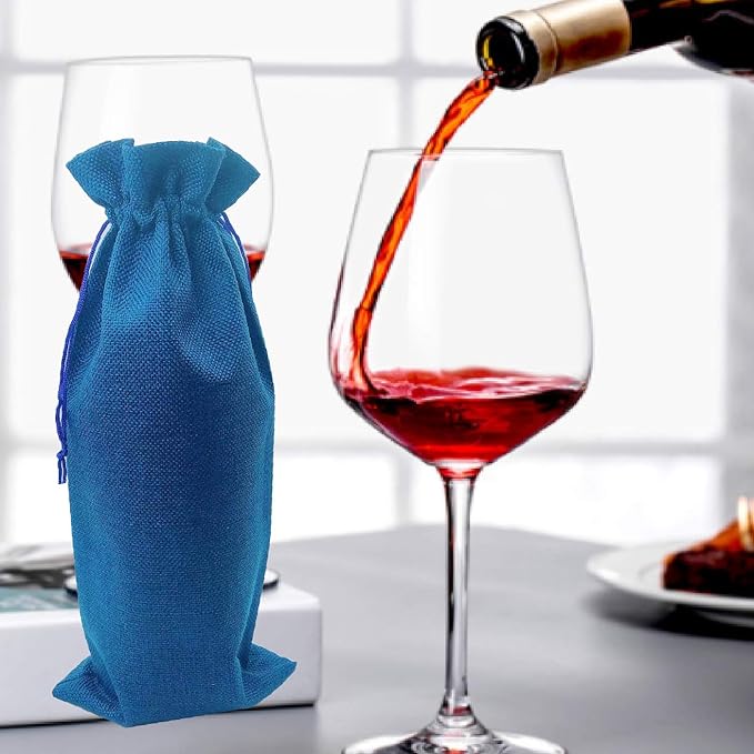 12 Pack Burlap Wine Bag Wine Bottle Gift Bags Pouches with Drawstring for Wedding Party Favors Christmas Holiday and Wine Tasting Party (Wine Red, Gray, Blue)