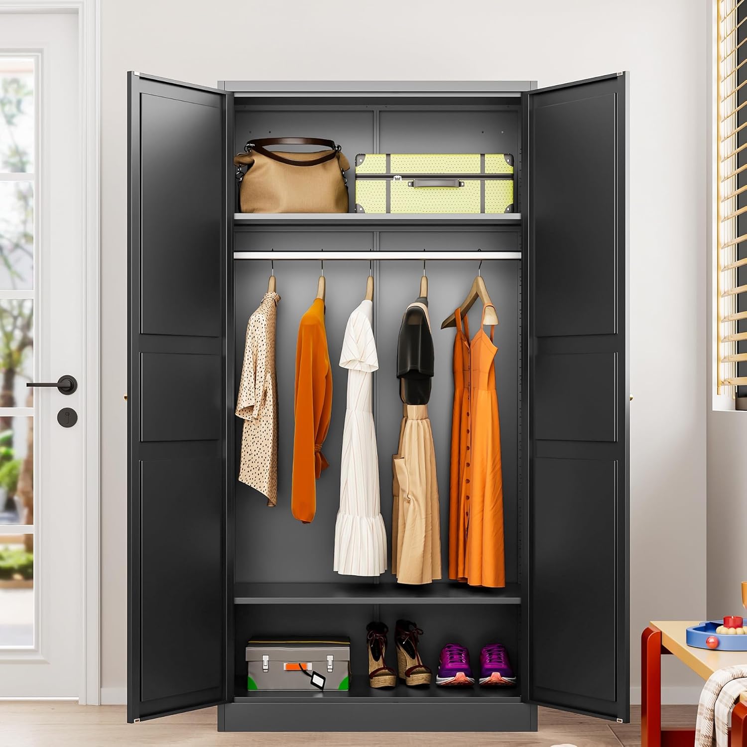 SISESOL Metal Wardrobe Cabinet with Hanging Rod,Black Armoire Wardrobe Closet,Metal Clothing Storage Cabinet with Adjustable Shelves and Doors,72" Cloth Storage Cabinets for Home,Living/Laundry Room