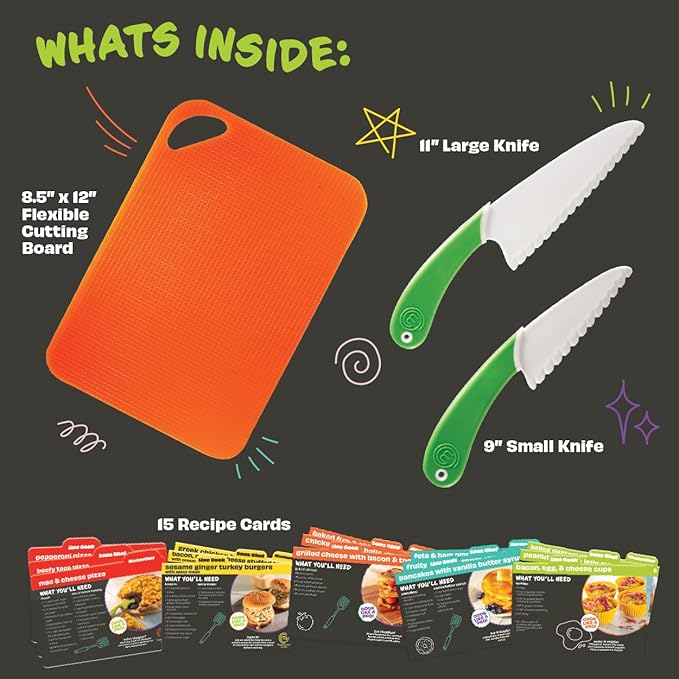 Knife and Cutting Board Set - Includes Real Cutting Tools for Kids and 15 Cooking Childrens Baking Recipes - Great for Homemade Cooking Party, Birthday Activity