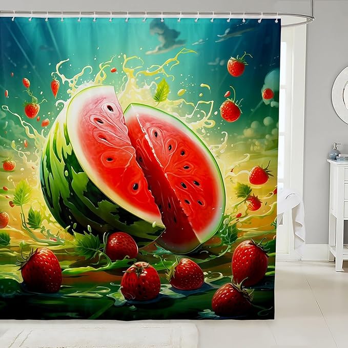 Feelyou Watermelon Shower Curtain Strawberry Fabric Shower Curtain for Kids Boys Girls Fruit Bathroom Waterproof Accessories with 12 Hooks Summer Curtains,72x78 Inches