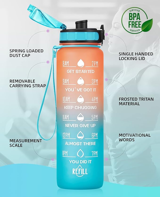 32oz Motivational Water Bottle with Time Marker & Fruit Strainer, Leak-proof BPA Free Non-Toxic Bottle with Carrying Strap, Perfect for Fitness, Gym and Outdoor Sports