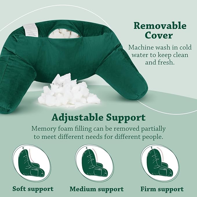 LOVTEX Reading Pillow with Removable Cover, Back Pillow for Sitting Up in Bed with Arms and Pockets, Bed Rest Pillow Adult, 20 x 15 Inches(Emerald Green)