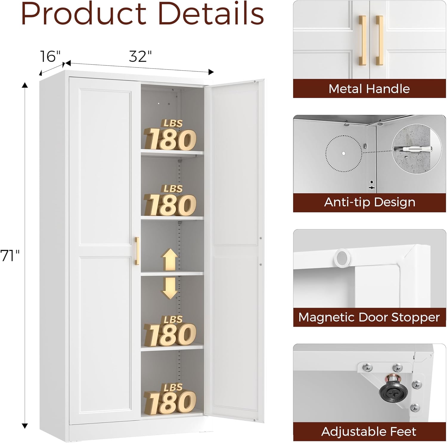71" Tall Metal Pantry Cabinet, White Kitchen Pantry Storage Cabinet with 4 Adjustable Shelves and Gold Handles, Cupboard for Kitchen, Dining Room, Living Room, Bathroom