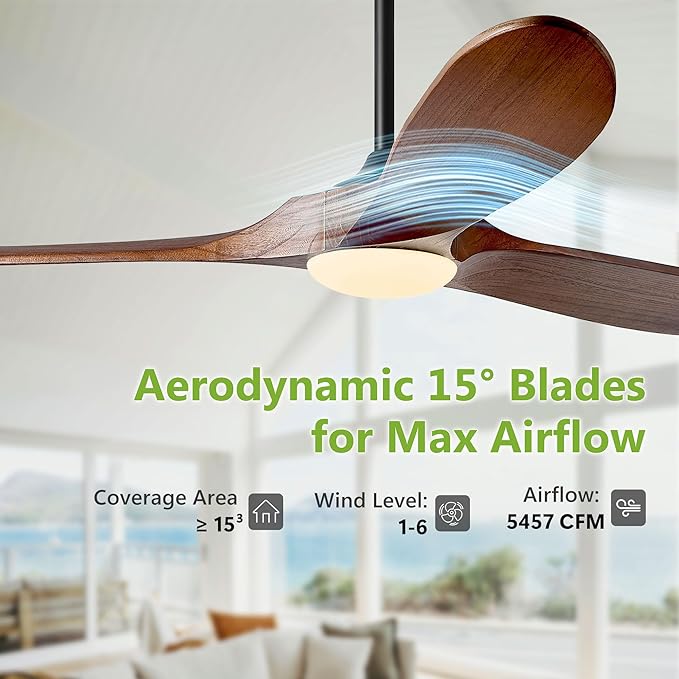 52 Inch Ceiling Fans with Lights and Remote Control, Outdoor Ceiling Fan with Light High cfm Solid Wood Modern Ceiling Fans Propeller DC Motor for Indoor Bedroom Living Room, Dark Walnut