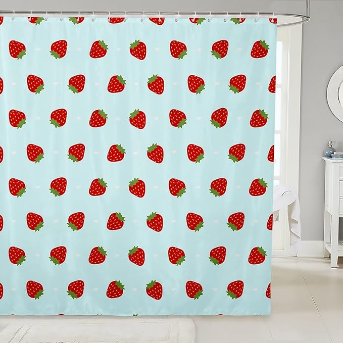 Feelyou Strawberry Fabric Shower Curtain Teal Blue Kawaii Girly Shower Curtain for Kids Boys Girls Kawaii Strawberry Bathroom Waterproof Accessories with 12 Hooks Kawaii Lovely Curtains,72x78 Inches