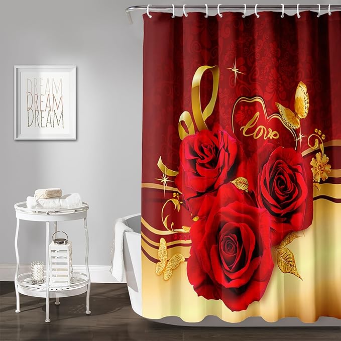 AILONEN Red and Gold Shower Curtain,Red Rose Hearts Printed Bath Curtain,Romantic Luxury Rose Flower Waterproof Curtain for Bathroom Decor 72" W x 84" H