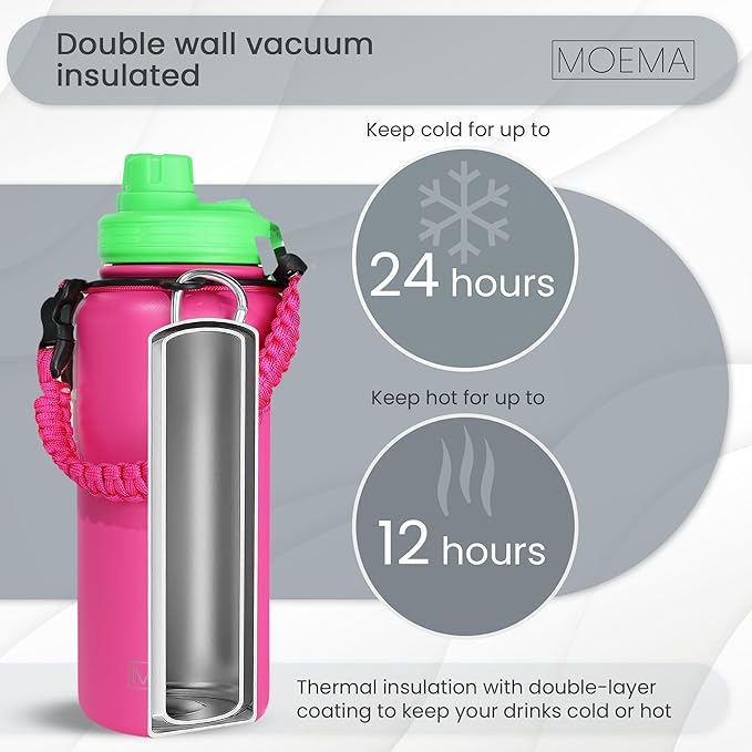 32oz Insulated Water Bottle with Paracord Handle and Straw, Stainless Steel Cup with 2 Lids & Straw, BPA-Free, Thermo Bottle Double Wall Vacuum Insulation, for Gym, Sports (Glamour Pink)