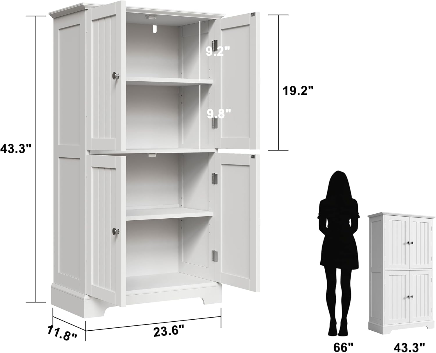 ChooChoo Bathroom Floor Cabinet, Modern Bathroom Storage Cabinet with 4 Doors and Adjustable Shelves, Freestanding Cupboard for Living Room, White