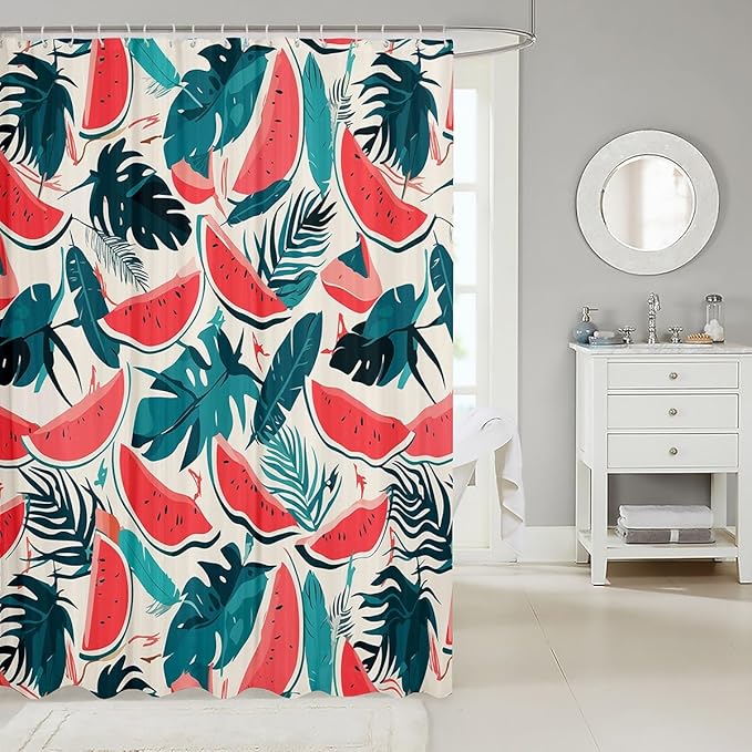 Feelyou Tropical Leaves Shower Curtain Watermelon Fabric Shower Curtain for Kids Boys Girls Colour Bathroom Waterproof Accessories with 12 Hooks Green Leaf Curtains,72x84 Inches