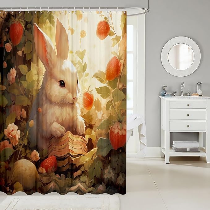 Feelyou Rabbit Fabric Shower Curtain Cute Cartoon Rabbit Shower Curtain for Teens Funny Bunny Bathroom Waterproof Accessories with 12 Hooks Kawaii Animal Curtains,72x78 Inches