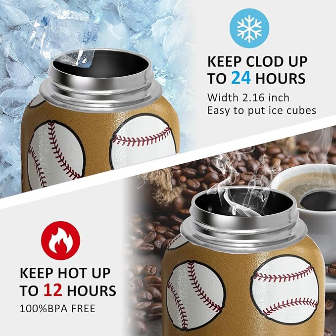 32 oz Baseball Water Bottle Insulated Vacuum Stainless Steel Sports Water Bottle with 2 Lids (Straw and Spout Lid) for Gym Camping Hiking