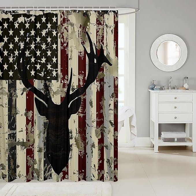 Feelyou Deer Bath Curtain Cute Deer Shower Curtain American Flag Bathroom Shower Curtain Set for Kids Boys Girls Deer Hunting Kids Bathroom Accessories 72"x78"