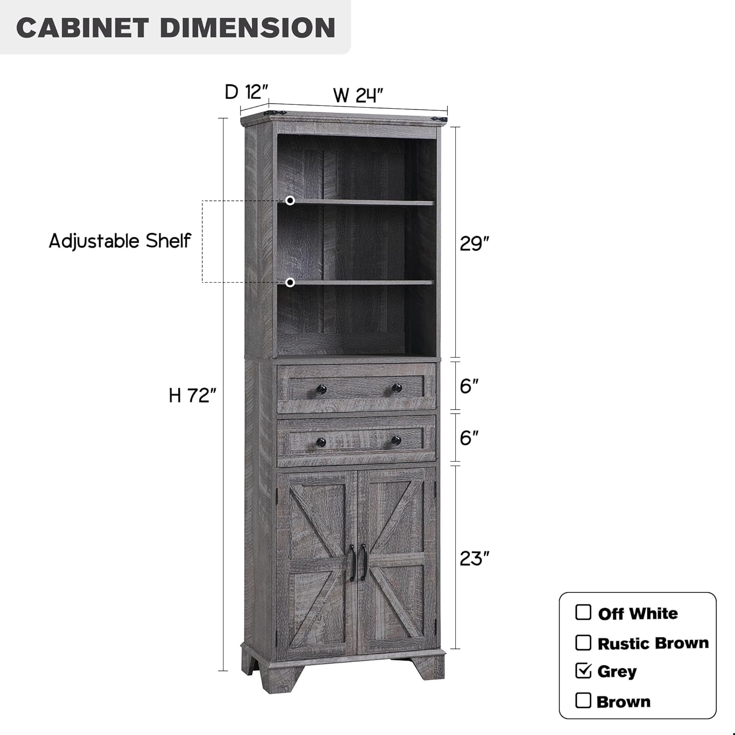 Bathroom Storage Cabinet, 72" Tall Farmhouse Storage Cabinet with 2 Drawers, Adjustable Shelves & Barn Door, Cabinet for Bathroom, Living Room, Kitchen, Grey Wash