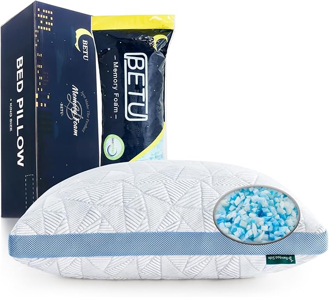 BETU Cooling Pillow Queen Size, Shredded Memory Foam Cool Pillow for Hot Sleepers, Adjustable Firm Soft Support Bed Pillows Perfect for Back Neck Pain and Side Sleeping with Pillow Case Cover, Blue