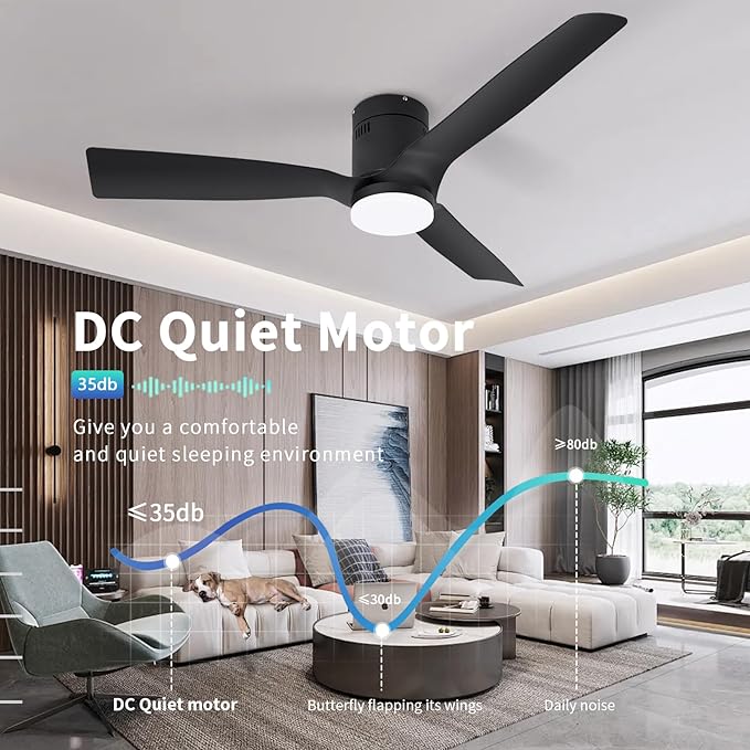 Black Flush Mount Ceiling Fan 52 inch,with Remote,22W Dimmable LED Light,DC Motor,6 Speed,Reversible,Low Profile Ceiling Fan Outdoor Indoor with Memory Function for Bedroom/Patios/Kitchen
