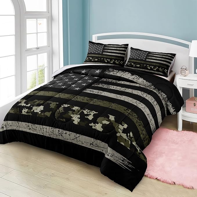 Bedbay California King Size Comforter Set American Flag Comforter Retro Military Camo Bedding Black Grey Army Green Camouflage USA Flag Printed 4 Pcs Bedding Set (Camo,Cal-King)