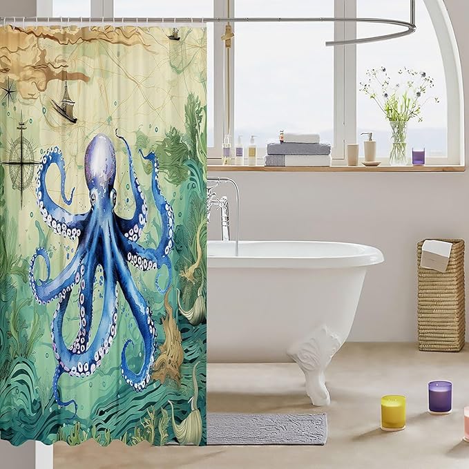 Feelyou Octopus Print Shower Curtain 72"x78" Kids Sailboat Printed Bathroom Shower Curtain Set for Boys Girls Teens Ocean Themed Bath Curtain Marine Life Sealife Bathroom Accessories