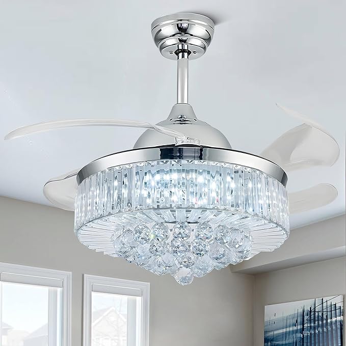 42'' Crystal Chandelier Fan Fandelier Retractable Ceiling Fans with Light and Remote, Invisible Fandelier Ceiling Fan with Light for Bedroom (Crystal-Silver)
