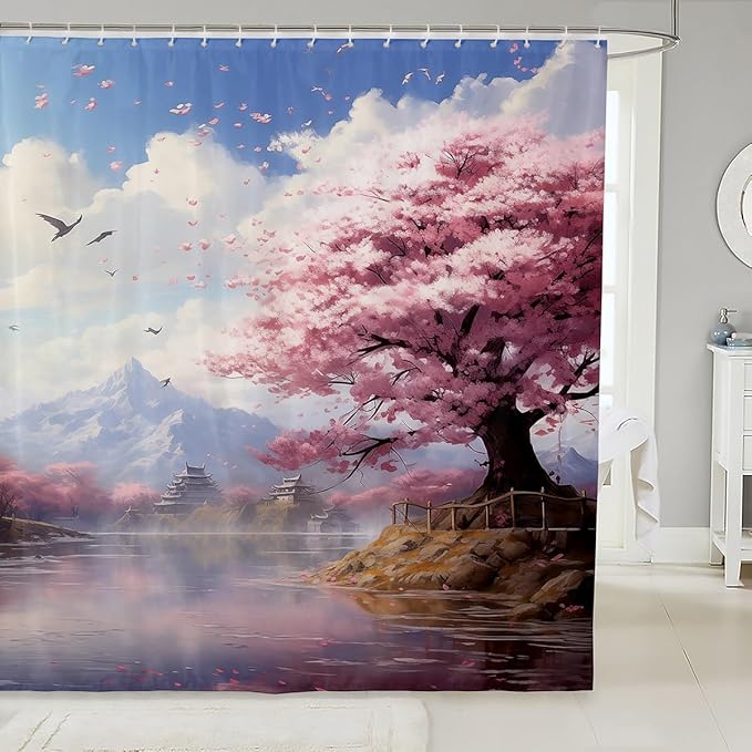 Feelyou Cherry Blossom Fabric Shower Curtain Floral Bathroom Waterproof Accessories with 12 Hooks for Kids Teens Adults Nutrue Theme Shower Curtain Tree of Life Curtains,72x78 Inches