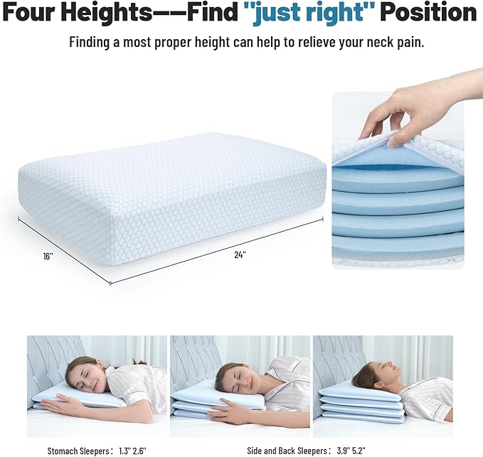 Cervical Neck Thin Pillow Flat Firm Memory Foam Adjustable Pillows from 1.3 to 5.2inch for Stomach Side Back Sleeper with 2 Pillowcases (Blue+Basics)