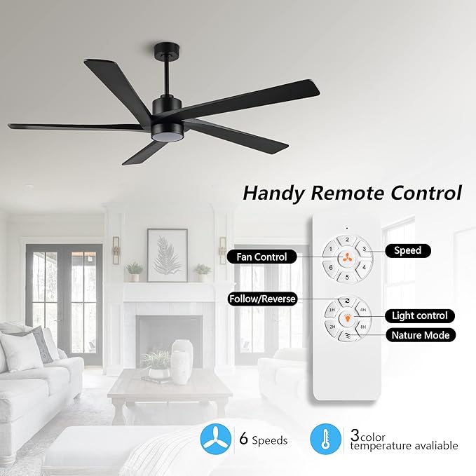 WINGBO 72 Inch DC Ceiling Fan with Lights and 3 Downrods, 5 Reversible Carved Wood Blades, 6-Speed Noiseless DC Motor, Modern Ceiling Fan in Matte Black Finish, ETL Listed