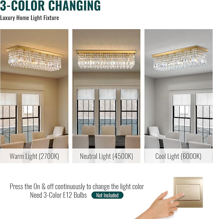 Siljoy Modern Crystal Chandelier 6-Lights Rectangle Flush Mount Pendant Ceiling Light Fixture Luxury Gold Rectangular K9 Crystal Raindrop Chandelier for Dining Living Room Kitchen Island Bar L31.5''