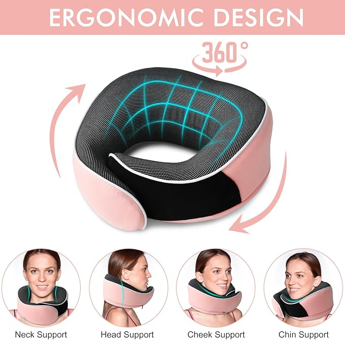 Travel Pillow,Upgraded 100% Memory Foam Neck Pillow for Traveling,Ergonomic Design Soft Best Flight Pillow,Neck Pillow Airplane Kit with 3D Contoured Eye Masks,Earplugs and Luxury Bag (Pink)