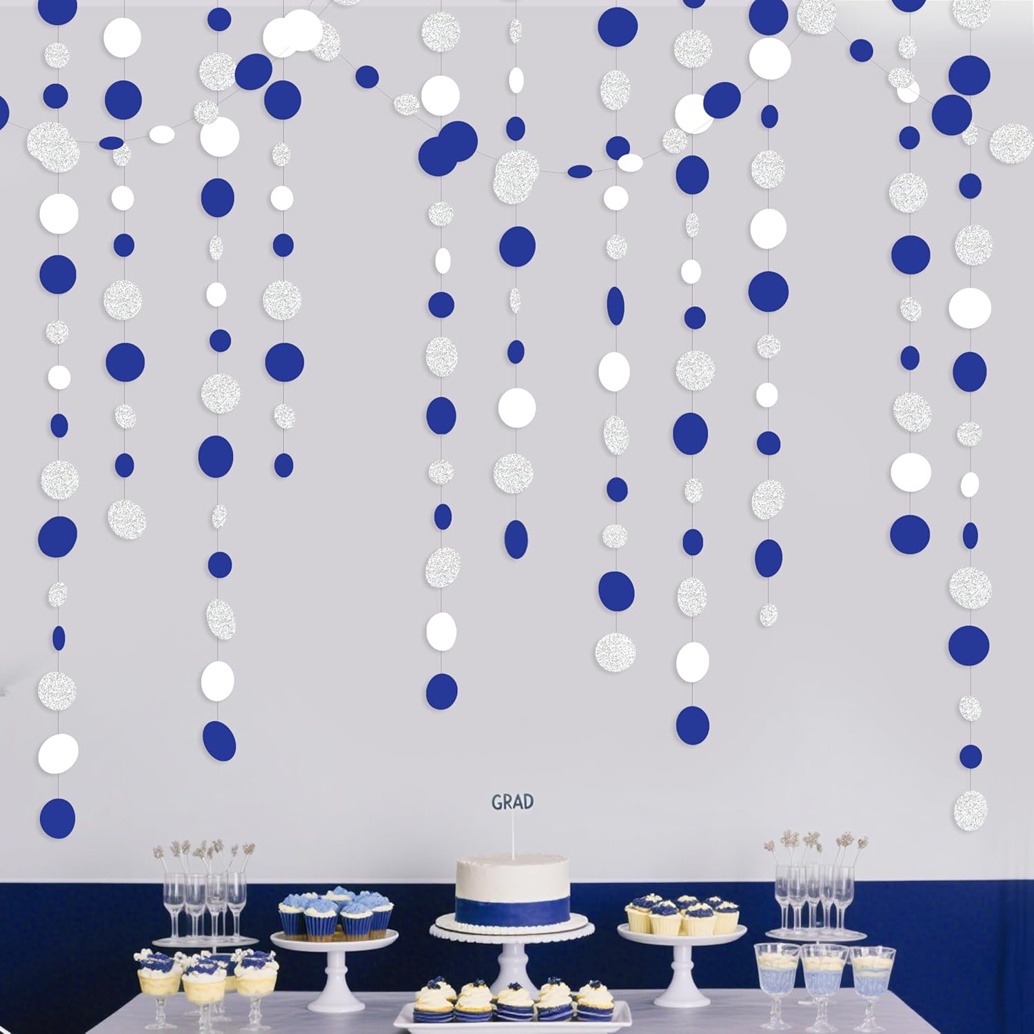 46 Feet Navy Blue White and Silver Circle Dots Garland Royal Blue Hanging Paper Polka Dots Streamer for Birthday Wedding Bridal Baby Shower Nautical Ahoy Achor Pirate Theme Party Decorations Supplies