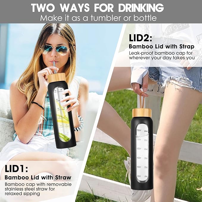32 oz Glass Water Bottles with Straw - Motivational Glass Water Bottle with Time Marker & Silicone Sleeve - Reusable Glass Tumbler Includes 2 Bamboo Lids & Fruit Infuser - 1 Pack