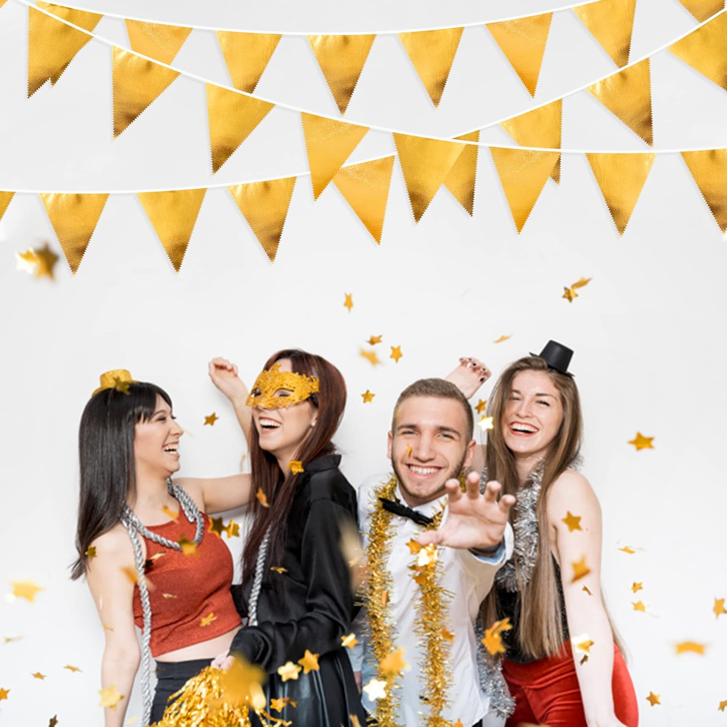 Gold Party Decorations Metallic Fabric Triangle Pennant Banner Gold Flag Bunting Garland for Graduation Birthday Wedding Anniversary Bridal Shower Bachelorette Engagement Hen Party Decoration Supplies