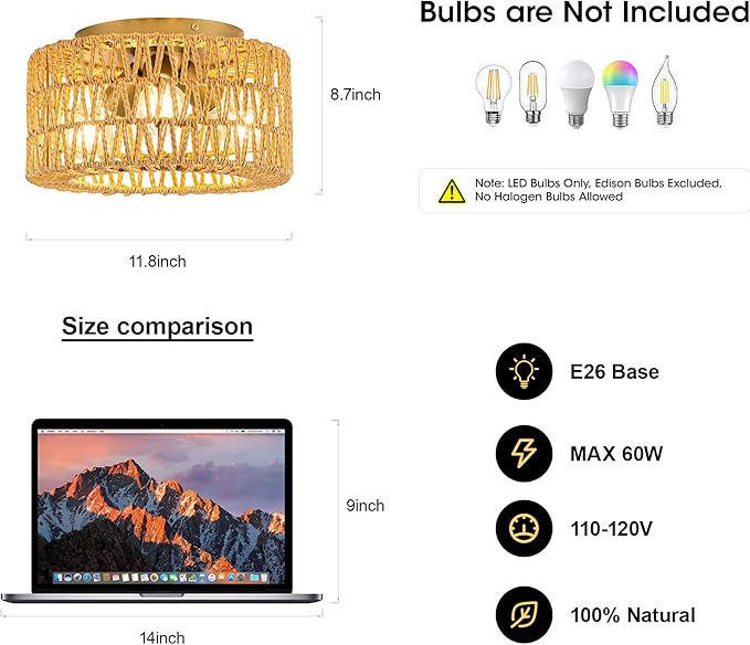 MAYNA 3-Light Boho Light Fixtures Ceiling Mount, Hand-Woven Chandelier Light Fixture,Farmhouse Rattan Flush Mount Ceiling Light for Hallway Bedroom Kitchen Living Room Entryway (Gold)