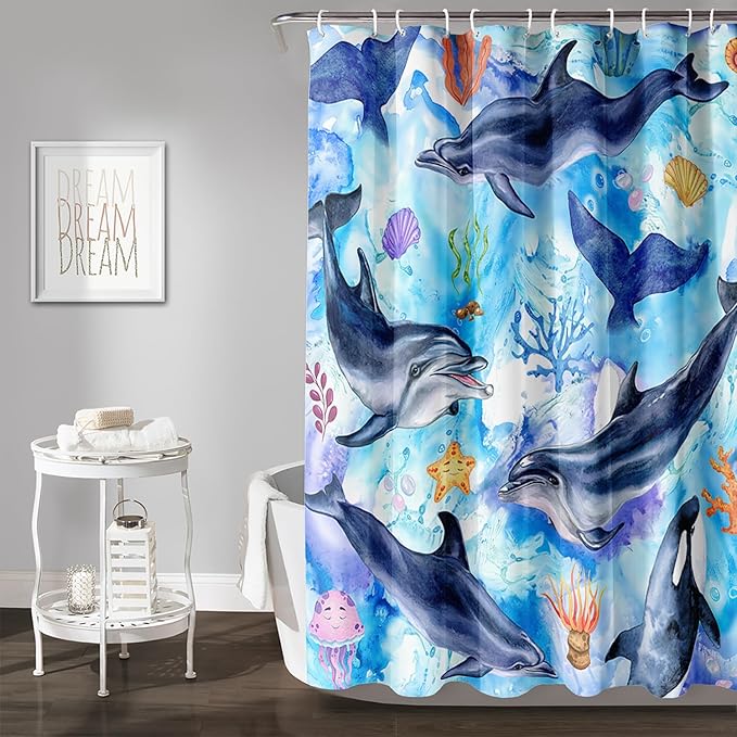 AILONEN Cute Cartoon Whale Shower Curtain,Kawaii Marine Animal Whale Bathroom Curtain for Kids Girls Boys,Blue Tie Dye Bath Curtain Set,Seaweed Fabric Shower Curtains for Bathroom, 72" W*84" H