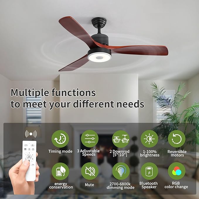52 Inch Wood Ceiling Fan with RGB Dimming LED Light,with Music Bluetooth Speaker,Remote Control,3-Speed Regulation, Reversible Motor,Timing,for Living Room,Bedroom,Restaurant,Outdoor