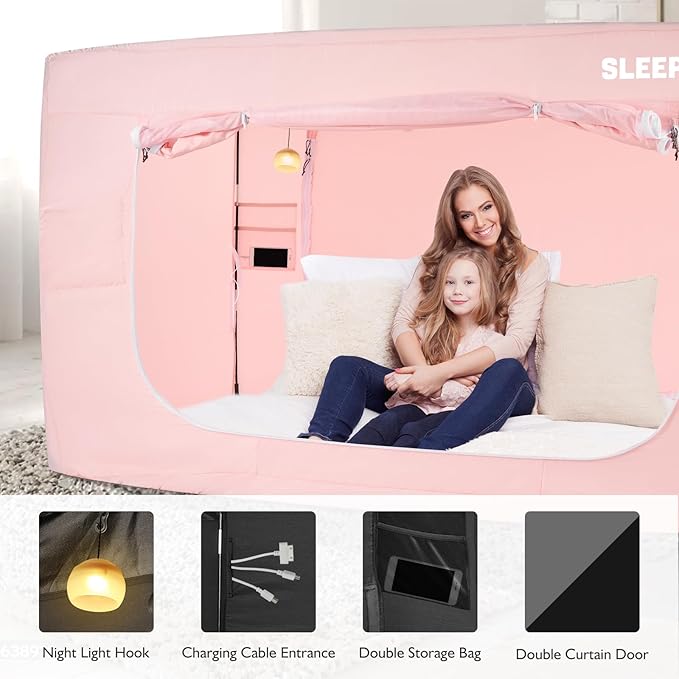 BORNA Bed Tent Twin Bed Canopy for Indoor Portable Light Reducing Sleeping Canopy for Kids and Adult,Bunk Blackout Tents Breathable Privacy Space Tent Mosquito Netting for Bed(Macaron Pink)
