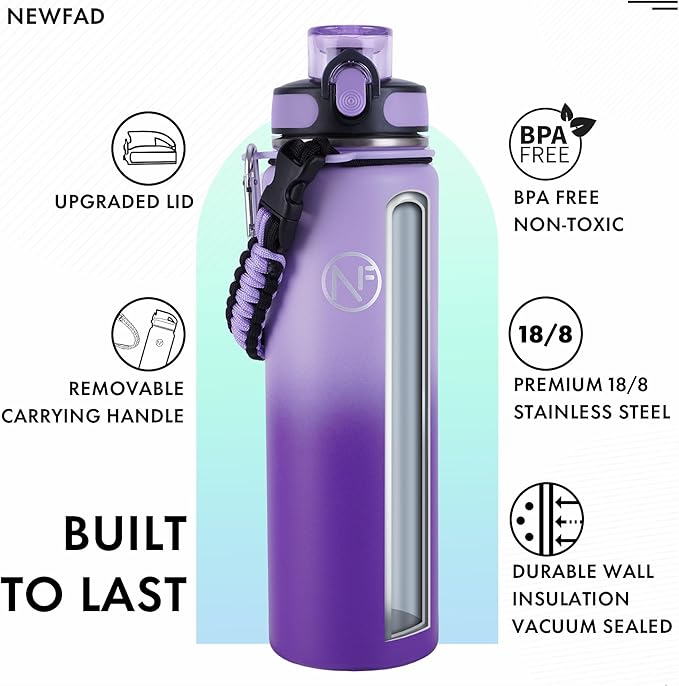 32 oz Insulated Water Bottle With Detachable Straw & Paracord Handle, Stainless Steel Thermos Water Bottle with Leakproof Lockable Lid, BPA-Free Sports Bottle