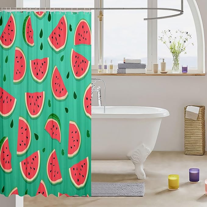 Feelyou Watermelon Shower Curtain Cartoon Watermelon Fabric Shower Curtain for Kids Boys Girls Fruit Bathroom Waterproof Accessories with 12 Hooks Red Green Curtains,72x72 Inches