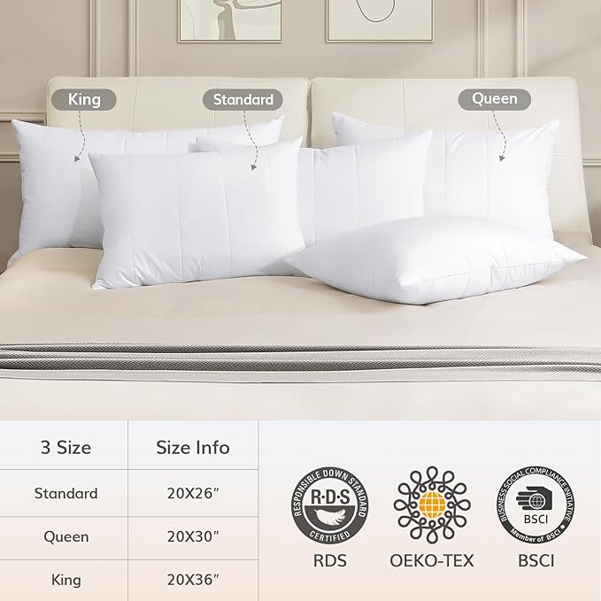 SAVORI Pack of 2 Goose Down Feather Pillows with 100% Cotton Cover, Soft Hotel Bed Pillow for Sleeping, Cooling Pillow for Back, Stomach or Side Sleepers, Queen Size-White 20x30 Inch